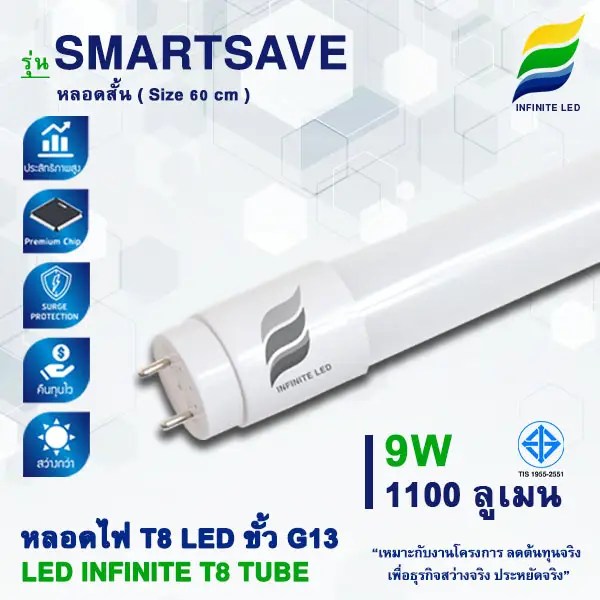 หลอดไฟ LED หลอด LED หลอด LED ยาว LED T8 หลอดนีออน LED - SMARTSAVE (หลอดสั้น) 9W 1100