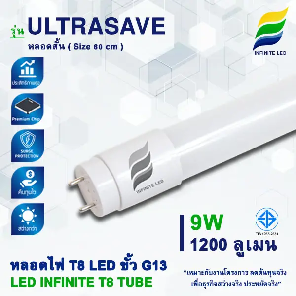 หลอดไฟ LED หลอด LED หลอด LED ยาว LED T8 หลอดนีออน LED - ULTRASAVE (หลอดสั้น) 9W 1200